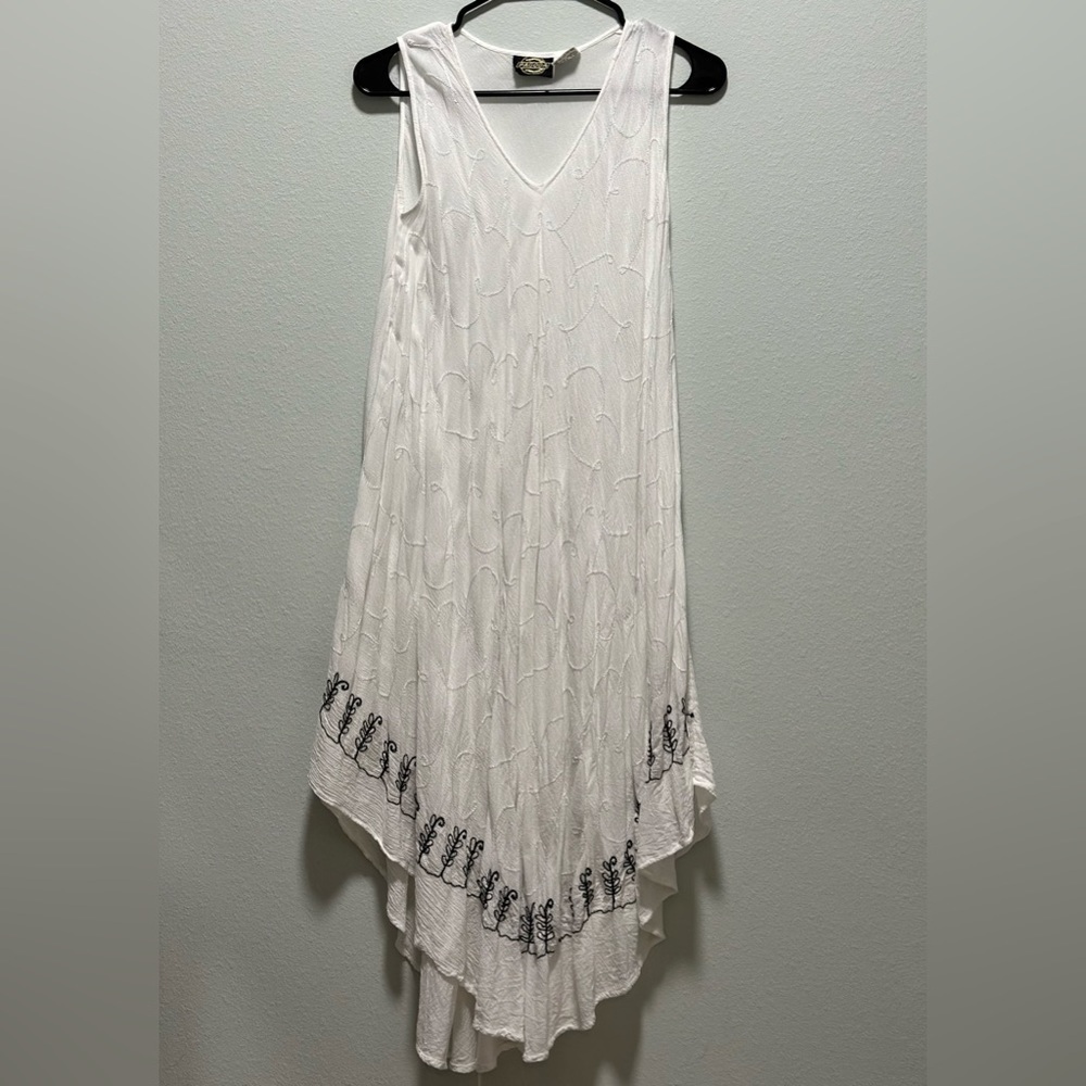 PAGODA White Dress/Coverup Black embroidered design on the bottom One size Rayon